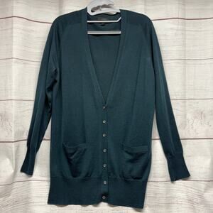 J.Crew Dark Green 100% Merino Wool Long Cardigan Sweater Pockets Size M F6835